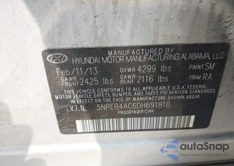 2013 Hyundai Sonata Gls from USA, damaged, VIN 5NPEB4AC6DH691818
